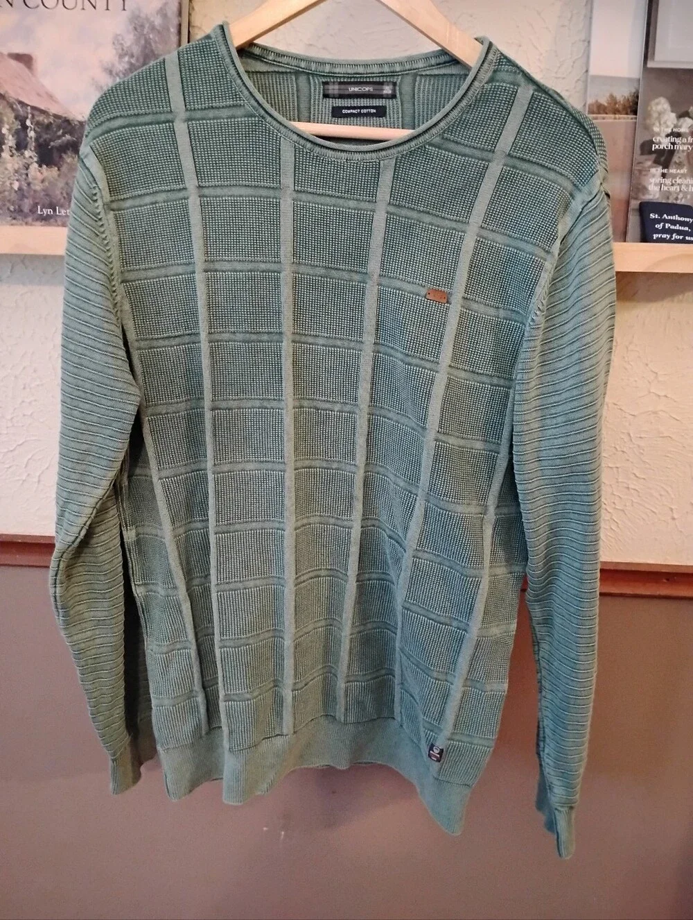 Light Green Men's Crewneck Textured Knit Sweater